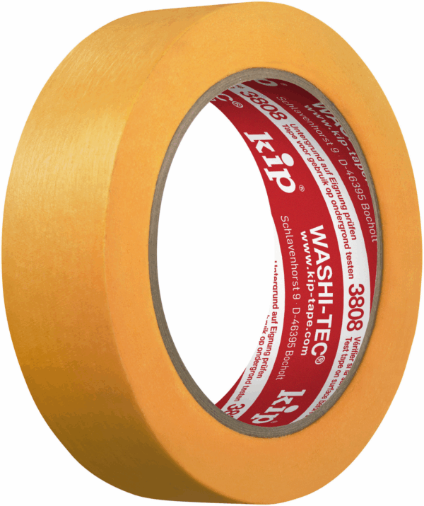 Kip 3808 WASHI-TEC® Goldkrepp®: Premium-Abdeckband für nahezu alle Abdeckarbeiten. Anschmiegsames, dünnes Papierband (Washi) mit Acrylatkleber für optimale Anpassung und scharfe Farbkanten. Besonders reißfest, UV- und temperaturbeständig bis 100°C durch Additive/Monomere. Rückstandslos entfernbar. Gute Haftung und Reißfestigkeit, gut für Doppelverklebungen. Steht für hochwertige Qualität im Malerhandwerk.