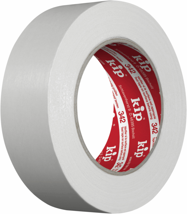 Kip 342 Gewebe-Teppichband ist ein hochwertiges, 0,22 mm starkes Klebeband mit guter Klebkraft, Reißfestigkeit und Temperaturbeständigkeit bis 70°C, ideal für die schnelle und professionelle Permanentverklebung von Teppichen und Teppichfliesen.