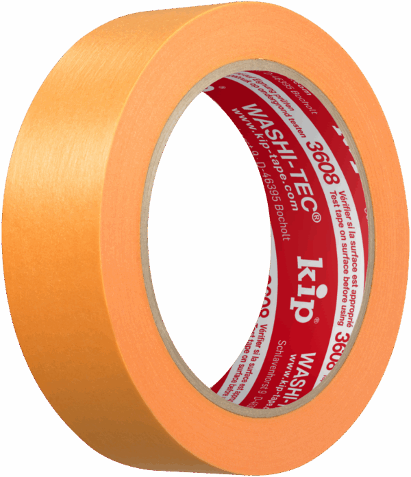 Kip 3608 WASHI-TEC® Goldkrepp®: Dünnes Standardabdeckband aus Spezialpapier (Washi). Sehr dünn, anschmiegsam, extrem reißfest und stabil. Ermöglicht präzises Anbringen auf glatten/leicht strukturierten Untergründen ohne Farbunterlauf für scharfe Farbkanten. Gute Haftung und Reißfestigkeit, UV-beständig. Hochwertiger Kleber mit Additiven/Monomeren optimiert Langlebigkeit und UV-Beständigkeit. Rückstandslos entfernbar, hohe Temperaturbeständigkeit bis 100°C.